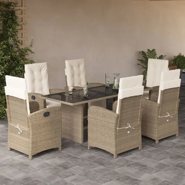 Gossi set de masa pentru gradina, 7 piese, cu perne, bej, poliratan