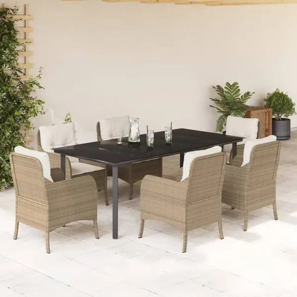 Gossi set de masa pentru gradina, 7 piese, cu perne, bej, poliratan