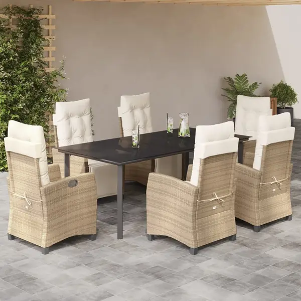 Gossi set de masa pentru gradina, 7 piese, cu perne, bej, poliratan