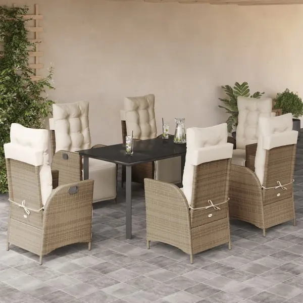 Gossi set de masa pentru gradina, 7 piese, cu perne, bej, poliratan