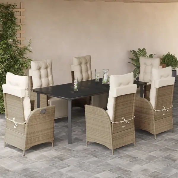 Gossi set de masa pentru gradina, 7 piese, cu perne, bej, poliratan