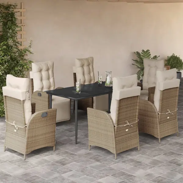 Gossi set de masa pentru gradina, 7 piese, cu perne, bej, poliratan