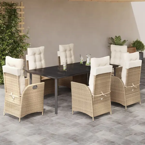 Gossi set de masa pentru gradina, 7 piese, cu perne, bej, poliratan