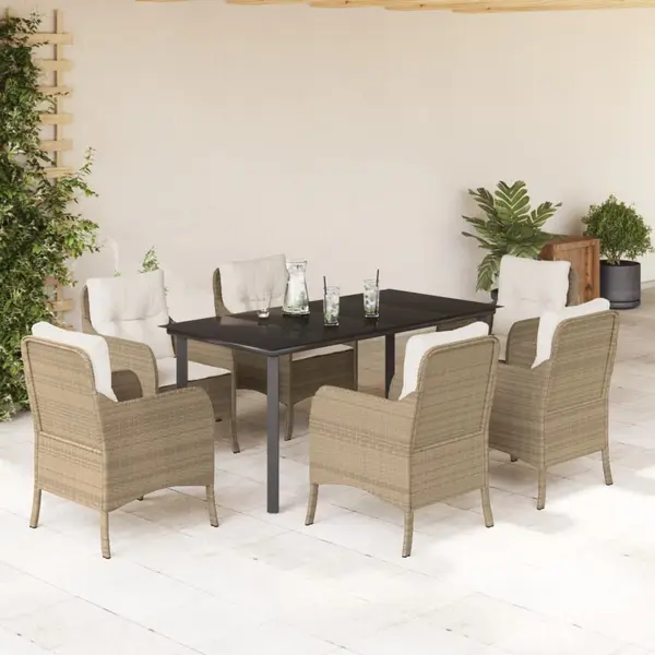 Gossi set de masa pentru gradina, 7 piese, cu perne, bej, poliratan