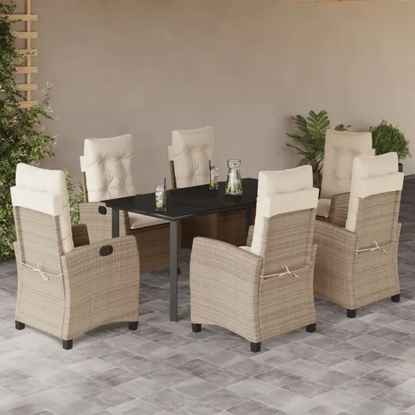Gossi set de masa pentru gradina, 7 piese, cu perne, bej, poliratan