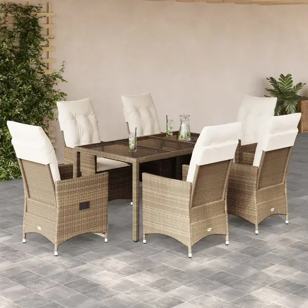Gossi set de masa pentru gradina, 7 piese, cu perne, bej, poliratan