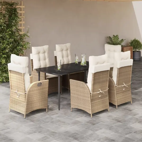 Gossi set de masa pentru gradina, 7 piese, cu perne, bej, poliratan