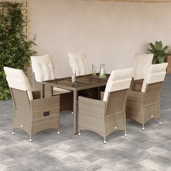 Gossi set de masa pentru gradina, 7 piese, cu perne, bej, poliratan