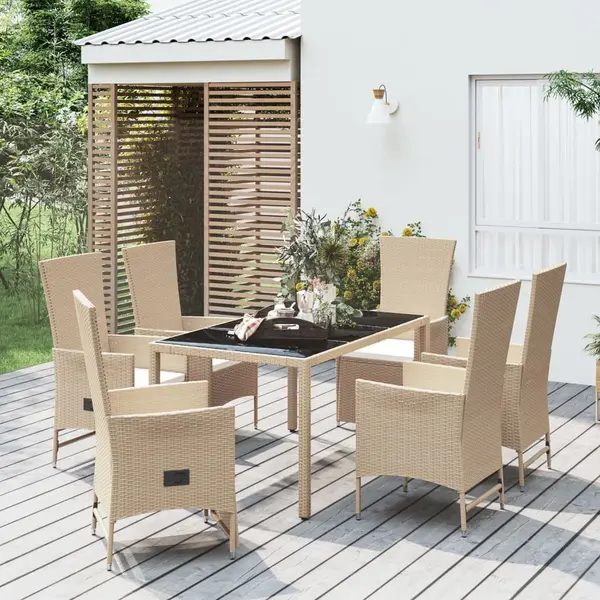 Gossi set de masa pentru gradina, 7 piese, cu perne, bej, poliratan
