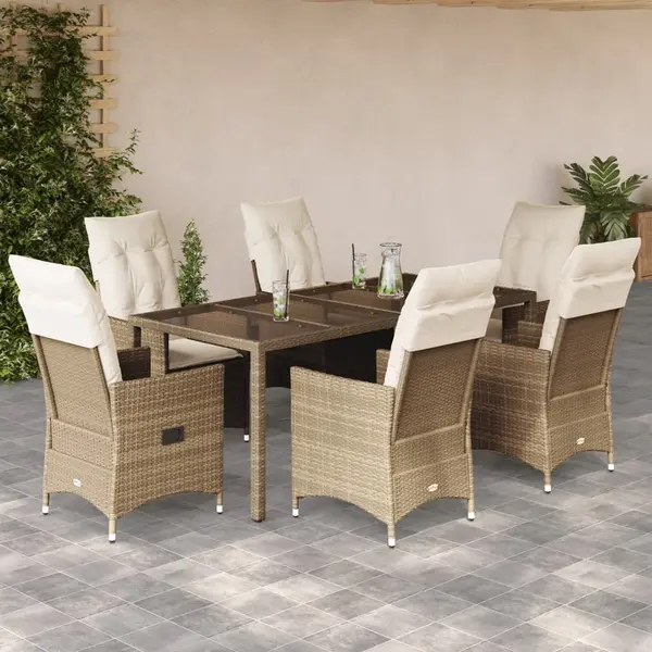 Gossi set de masa pentru gradina, 7 piese, cu perne, bej, poliratan