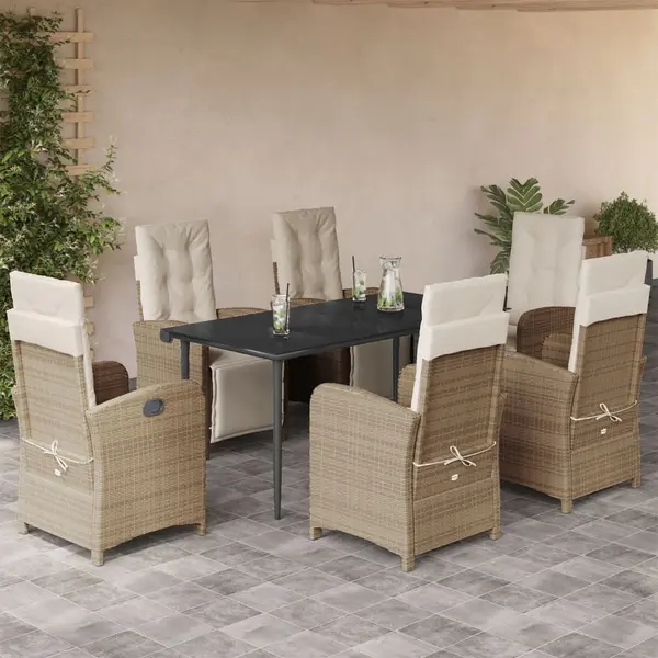 Gossi set de masa pentru gradina, 7 piese, cu perne, bej, poliratan