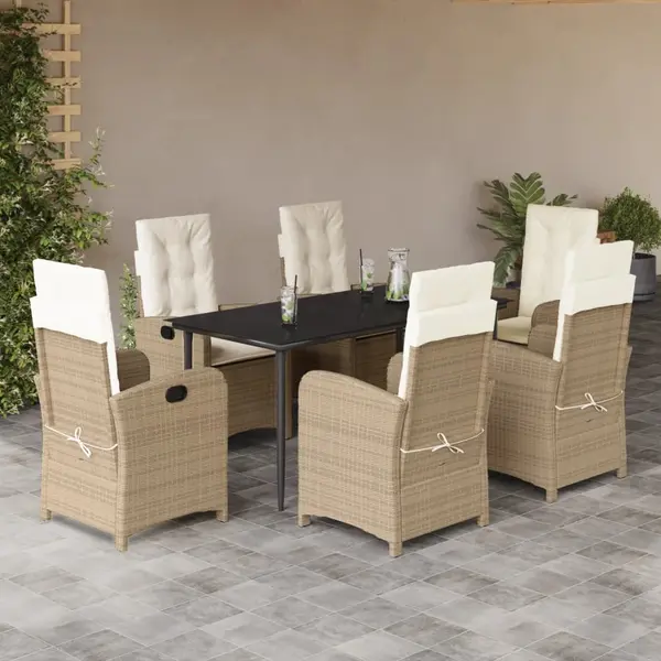 Gossi set de masa pentru gradina, 7 piese, cu perne, bej, poliratan