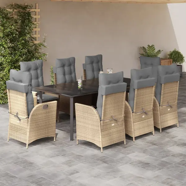 Gossi set de masa pentru gradina, 9 piese, cu perne, bej, poliratan