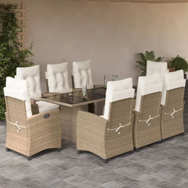 Gossi set de masa pentru gradina, 9 piese, cu perne, bej, poliratan