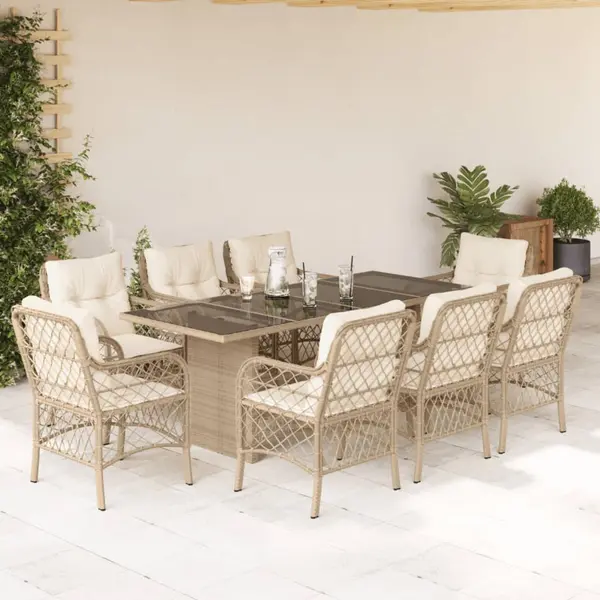 Gossi set de masa pentru gradina, 9 piese, cu perne, bej, poliratan