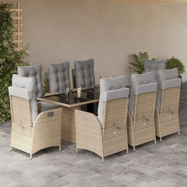 Gossi set de masa pentru gradina, 9 piese, cu perne, bej, poliratan