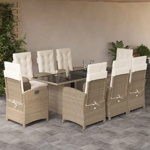 Gossi set de masa pentru gradina, 9 piese, cu perne, bej, poliratan