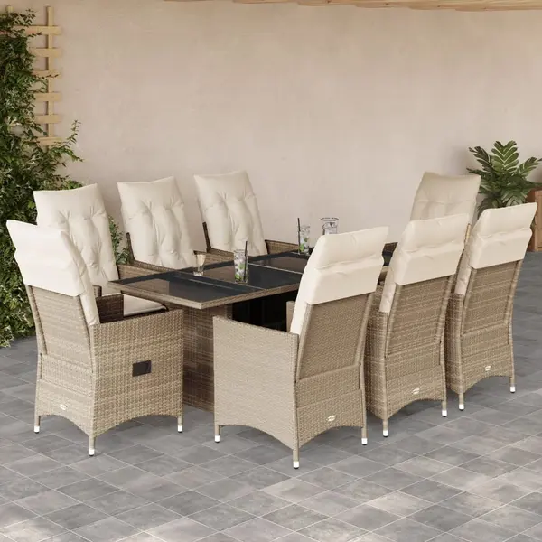 Gossi set de masa pentru gradina, 9 piese, cu perne, bej, poliratan