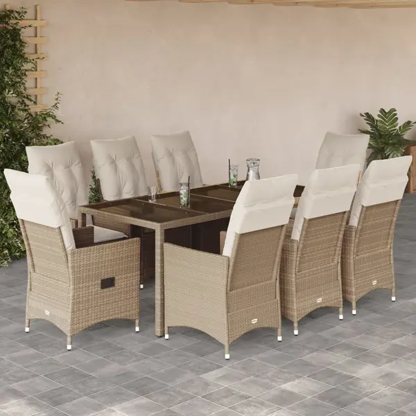 Gossi set de masa pentru gradina, 9 piese, cu perne, bej, poliratan