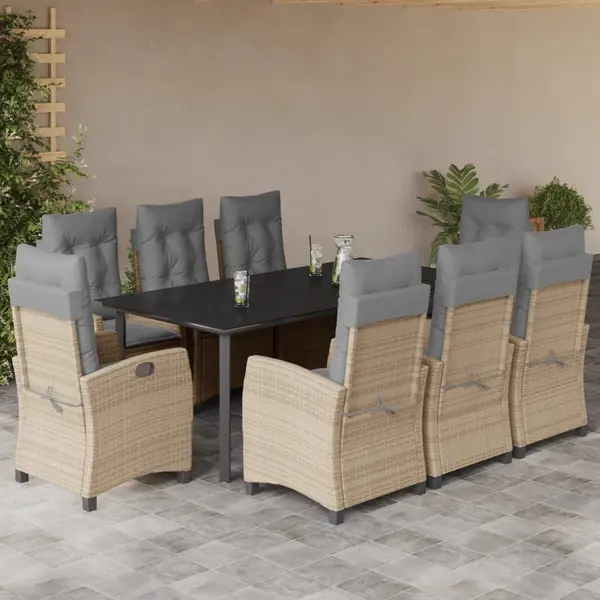 Gossi set de masa pentru gradina, 9 piese, cu perne, bej, poliratan