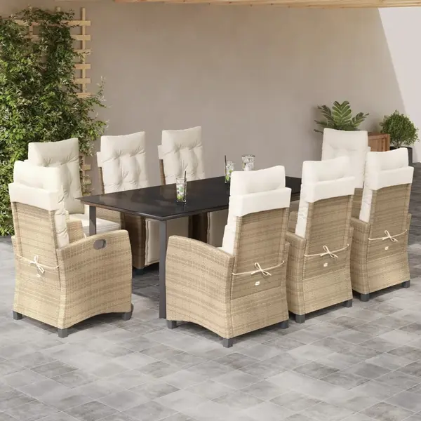 Gossi set de masa pentru gradina, 9 piese, cu perne, bej, poliratan