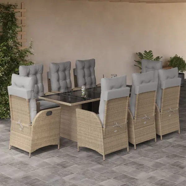 Gossi set de masa pentru gradina, 9 piese, cu perne, bej, poliratan