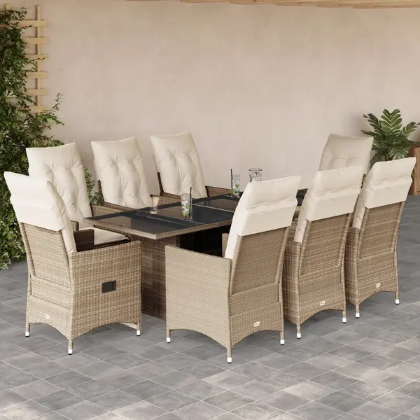 Gossi set de masa pentru gradina, 9 piese, cu perne, bej, poliratan