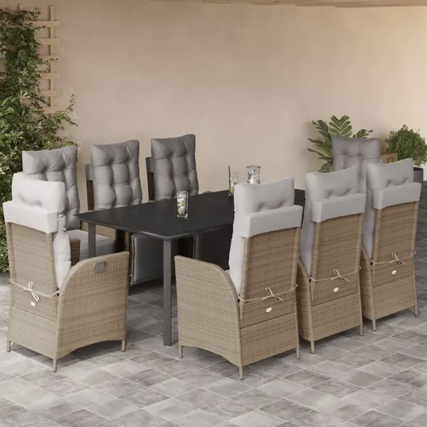Gossi set de masa pentru gradina, 9 piese, cu perne, bej, poliratan