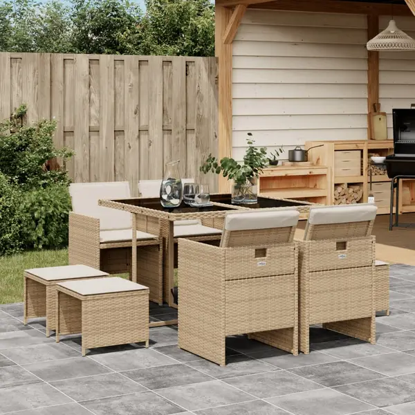 Gossi set de masa pentru gradina, 9 piese, cu perne, bej, poliratan