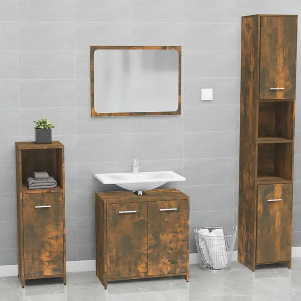 Gossi set de mobilier de baie, stejar fumuriu, lemn prelucrat