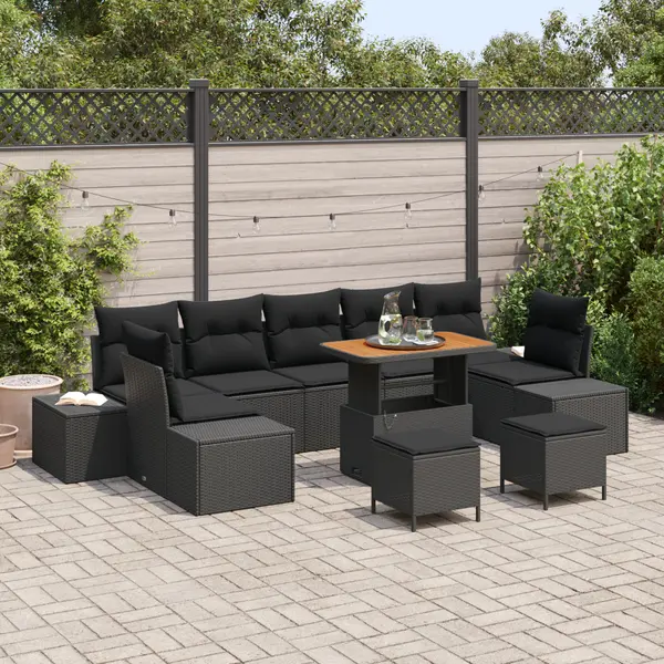 Gossi set de sofa de gradina cu 10 piese cu pernute negru poliratan acacia, Gossi sofa de gradina cu 2 locuri cu depozitare & pernute negru poliratan, Gossi set de dining de gradina cu 3 piese cu pernute negru poliratan acacia