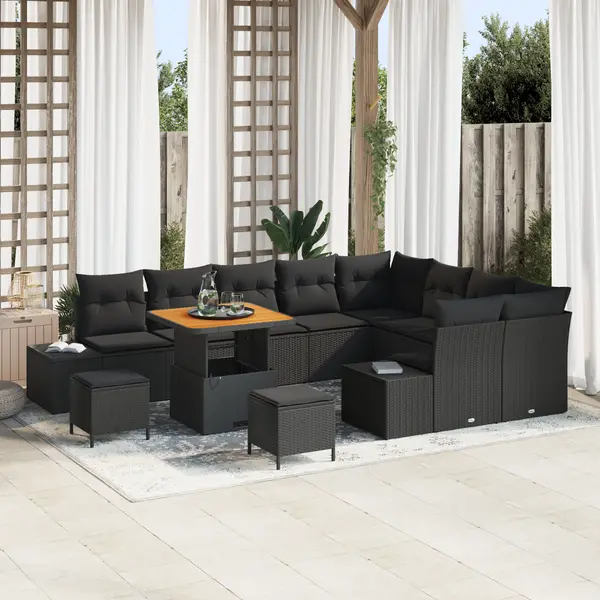 Gossi set de sofa de gradina cu 12 piese cu perne negru poliratan acacia, Gossi set de dining de gradina cu 3 piese cu perne negru poliratan acacia, Gossi sofa de gradina cu 2 locuri cu perne negru poliratan