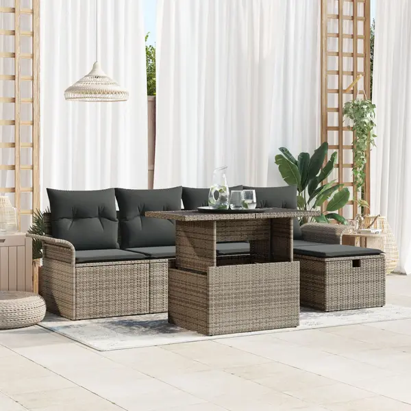Gossi set de sofa de gradina cu 6 piese si perne gri din poliratan, Gossi sofa de gradina cu 2 locuri cu depozitare & perne gri din poliratan