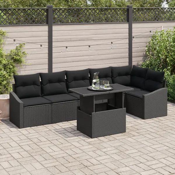 Gossi set de sofa de gradina cu 7 piese si perne negre din ratan poli