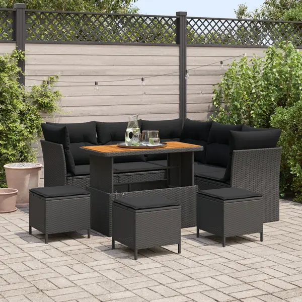 Gossi set de sofa de gradina cu 9 piese si perne negru ratan poli acacia, Gossi set de dining de gradina cu 4 piese si perne negru ratan poli acacia