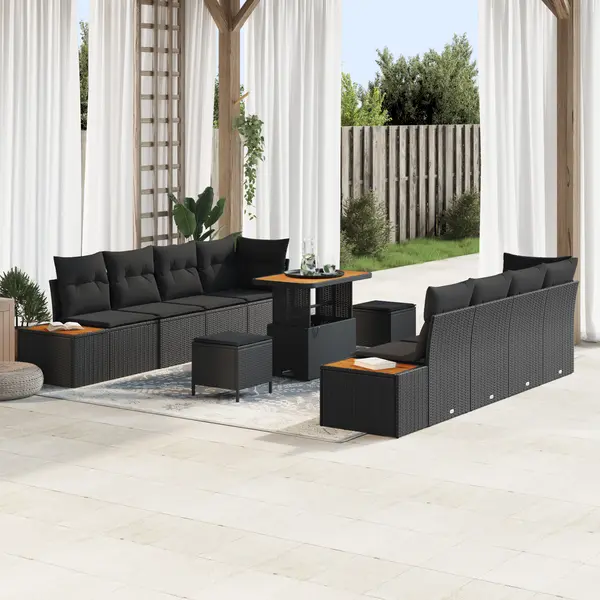 Gossi set de sofa pentru gradina cu 11 piese cu perne negru poli ratan acacia, Gossi set de dining pentru gradina cu 3 piese cu perne negru poli ratan acacia
