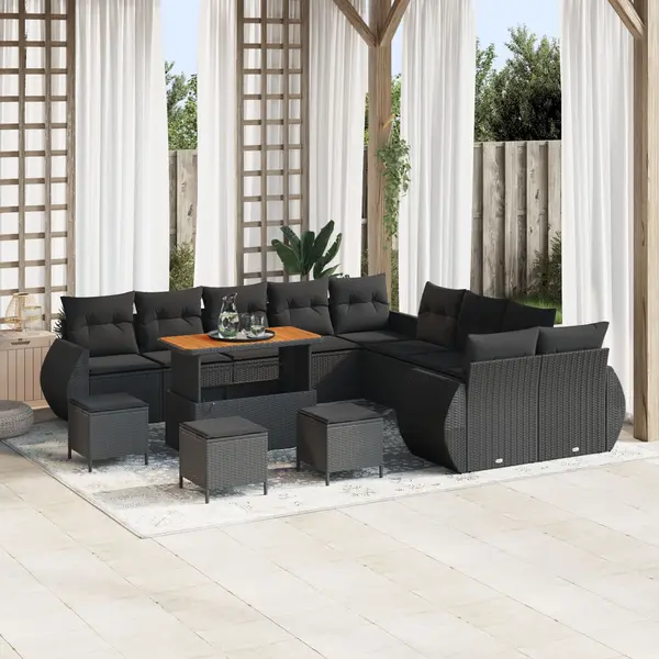 Gossi set de sofa pentru gradina cu 13 piese cu perne negru ratan poli acacia, Gossi set de dining pentru gradina cu 3 piese cu perne negru ratan poli acacia