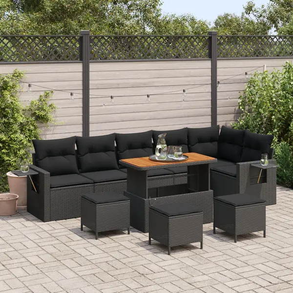 Gossi set de sofa pentru gradina de 9 piese cu perne din ratan poli negru si acacia, Gossi set de dining pentru gradina de 3 piese cu perne din ratan poli negru si acacia