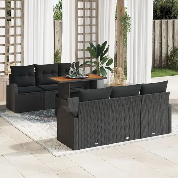 Gossi set dining pentru gradina cu 7 piese si perne, negru, poliratan, acacia