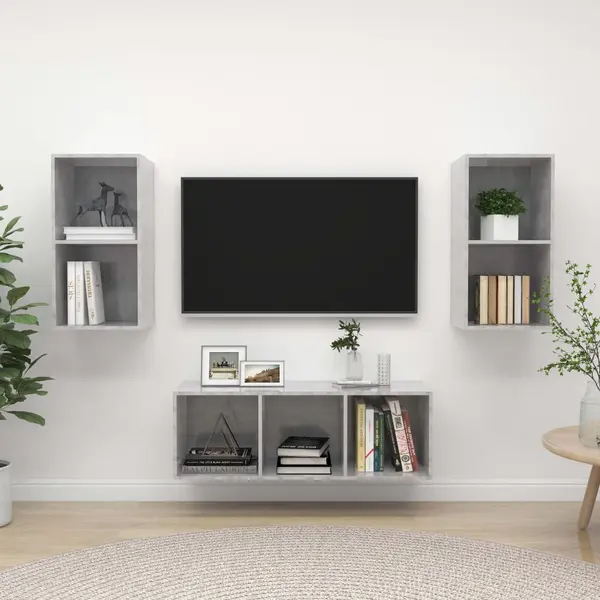 Gossi set dulap tv, 3 piese, gri beton, lemn prelucrat