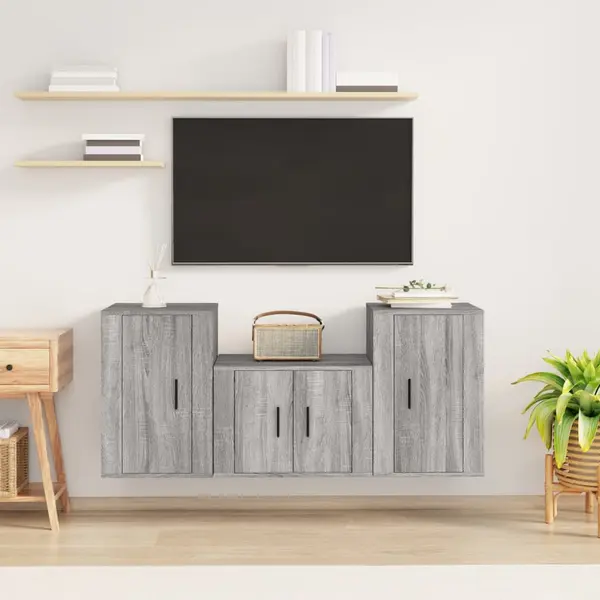 Gossi set dulap tv, 3 piese, gri sonoma, lemn prelucrat
