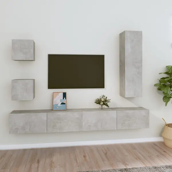 Gossi set dulap tv, 5 piese, gri beton, lemn prelucrat
