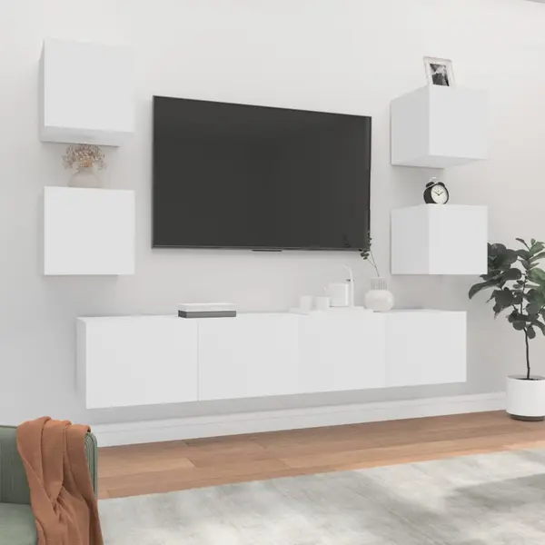 Gossi set dulap tv, 6 piese, alb, lemn prelucrat