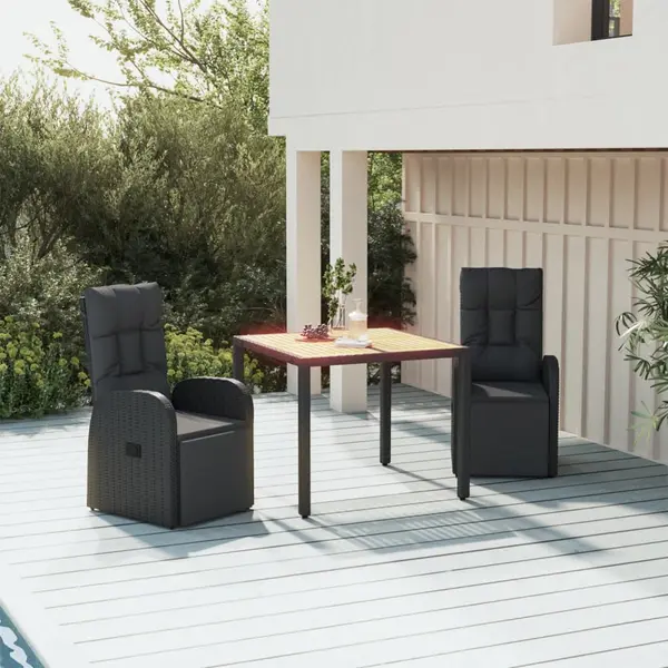 Gossi set masa pentru gradina, 3 piese, negru, poliratan/lemn acacia