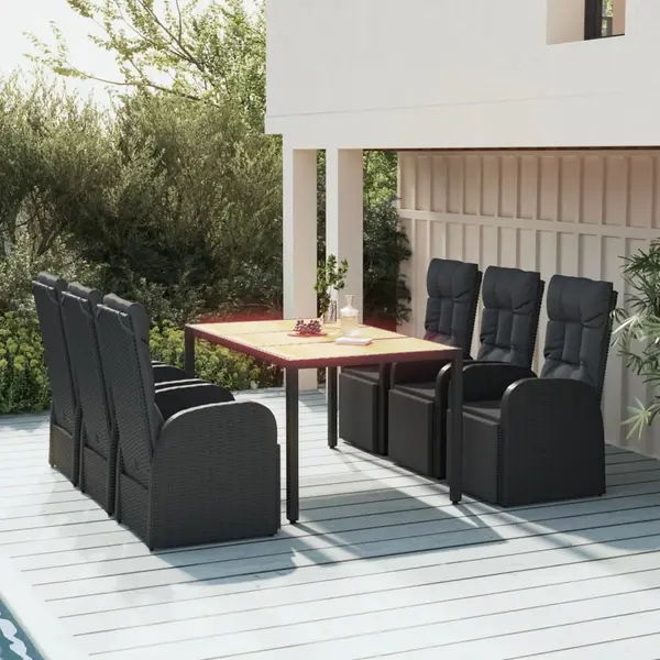 Gossi set masa pentru gradina, 7 piese, negru, poliratan/lemn acacia