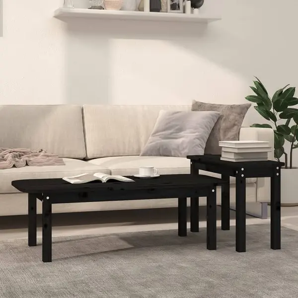 Gossi set masute de cafea, 2 piese, negru, lemn masiv de pin