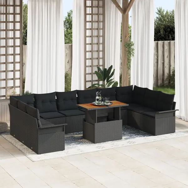 Gossi set mese gradina 11 piese cu perne negru poliratan acacia