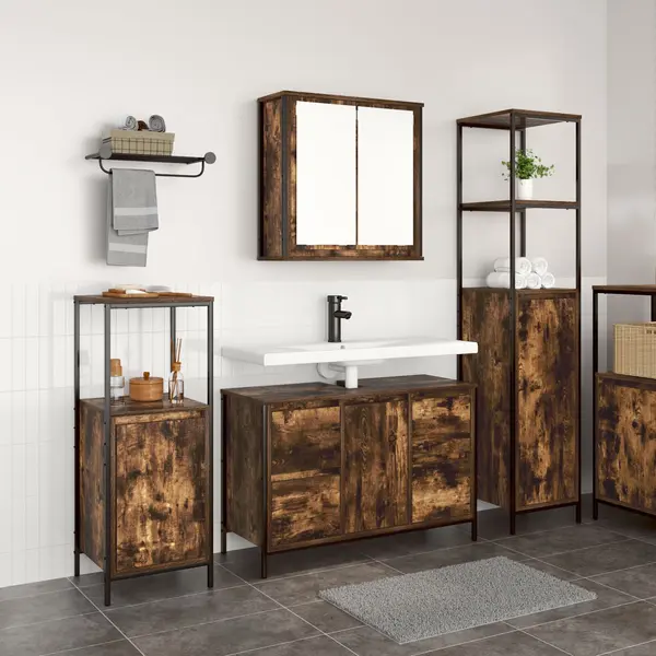 Gossi set mobilier baie din lemn ingineresc stejar fumuriu - 3 piese