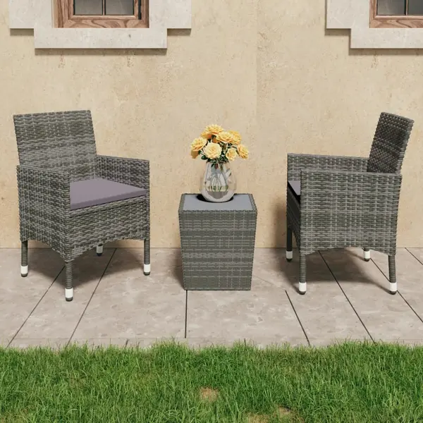 Gossi set mobilier bistro, 3 piese, gri, poliratan/sticla securizata
