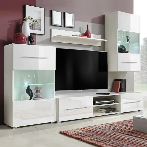 Gossi set mobilier comoda tv de perete, 5 piese, iluminare led, alb